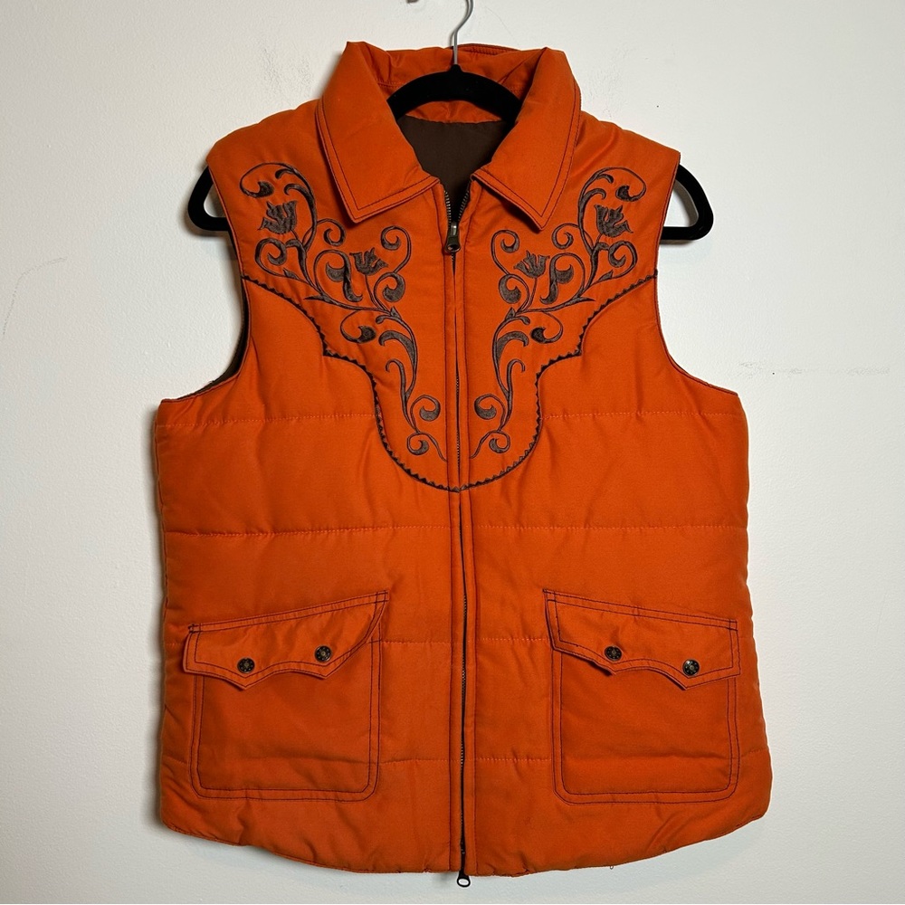 Ropers Vest Womens Medium Orange Brown Reversible Puffer Western Rodeo Ranch